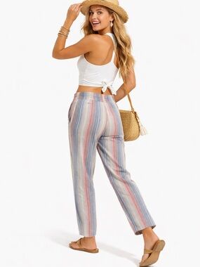 Cali 1850 Women Blue Red Striped Linen Blend Relaxed High Rise Pants Size S